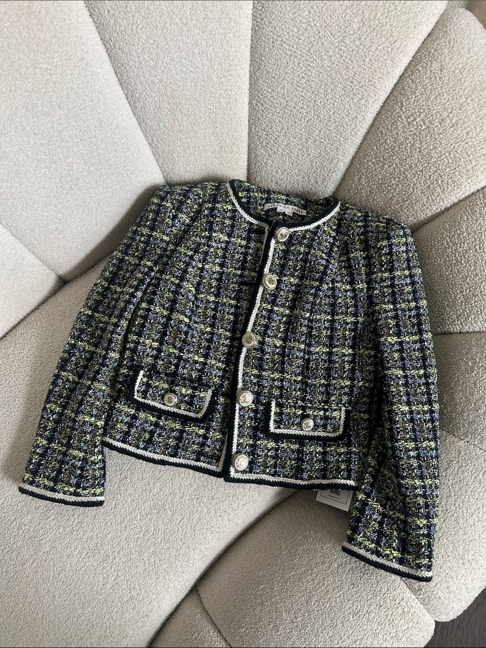 Veronica Beard Navy & Green Tweed Cropped Jacket